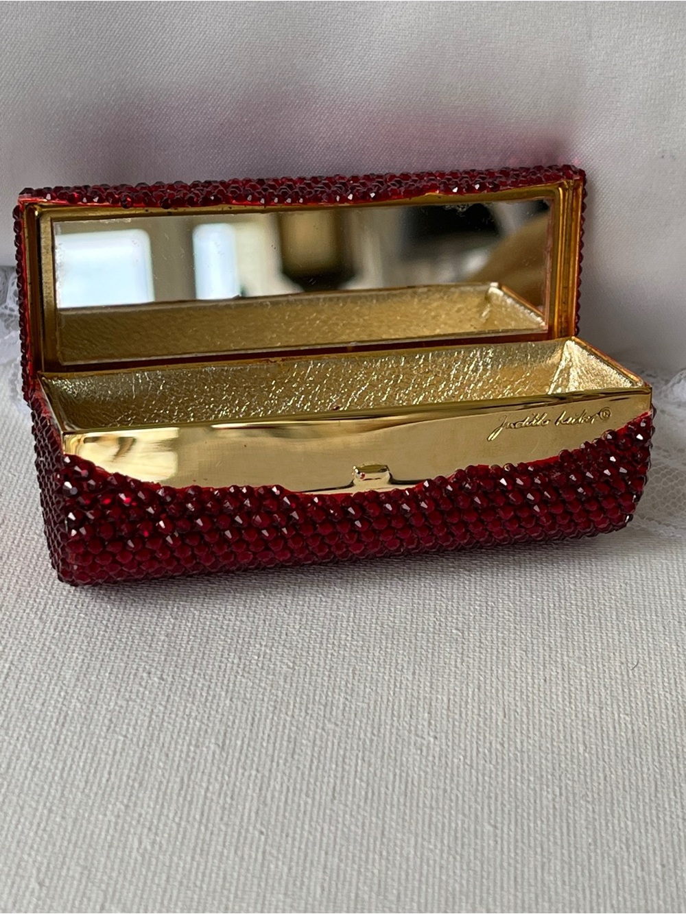 Judith Leiber Red Crystal Lipstick Compact Mirror Case, Like New - Picture 6 of 13
